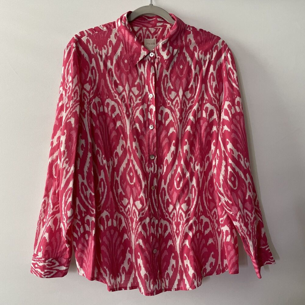 Chico's Button Front Long Sleeve Collared Ikat Pink Blouse Size 3,  XL-dmpv